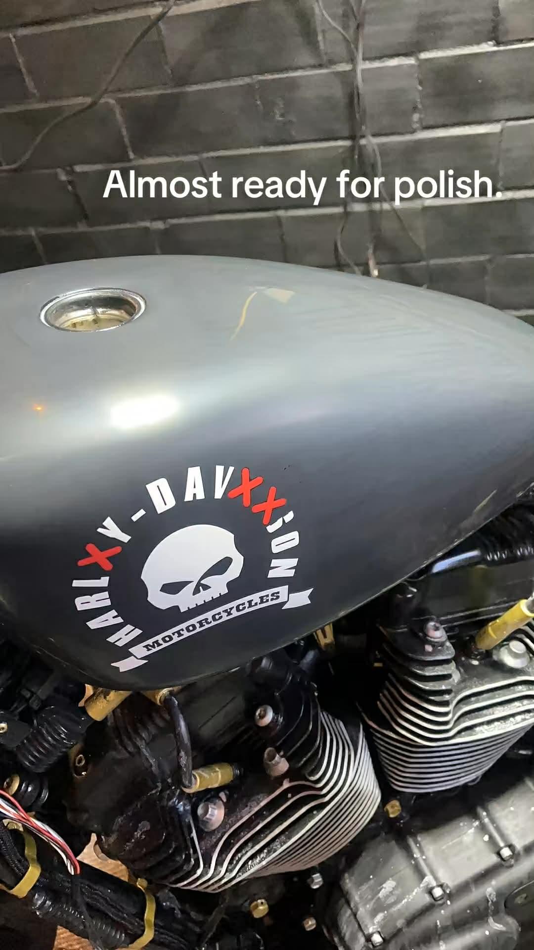 Harley-Davxxion-skull tank, sanded and prepped — almost ready for polish